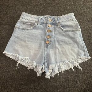 Sincerely Jules Denim Shorts 3/26 High Rise Button‎ Fly Light Wash Frayed Hem